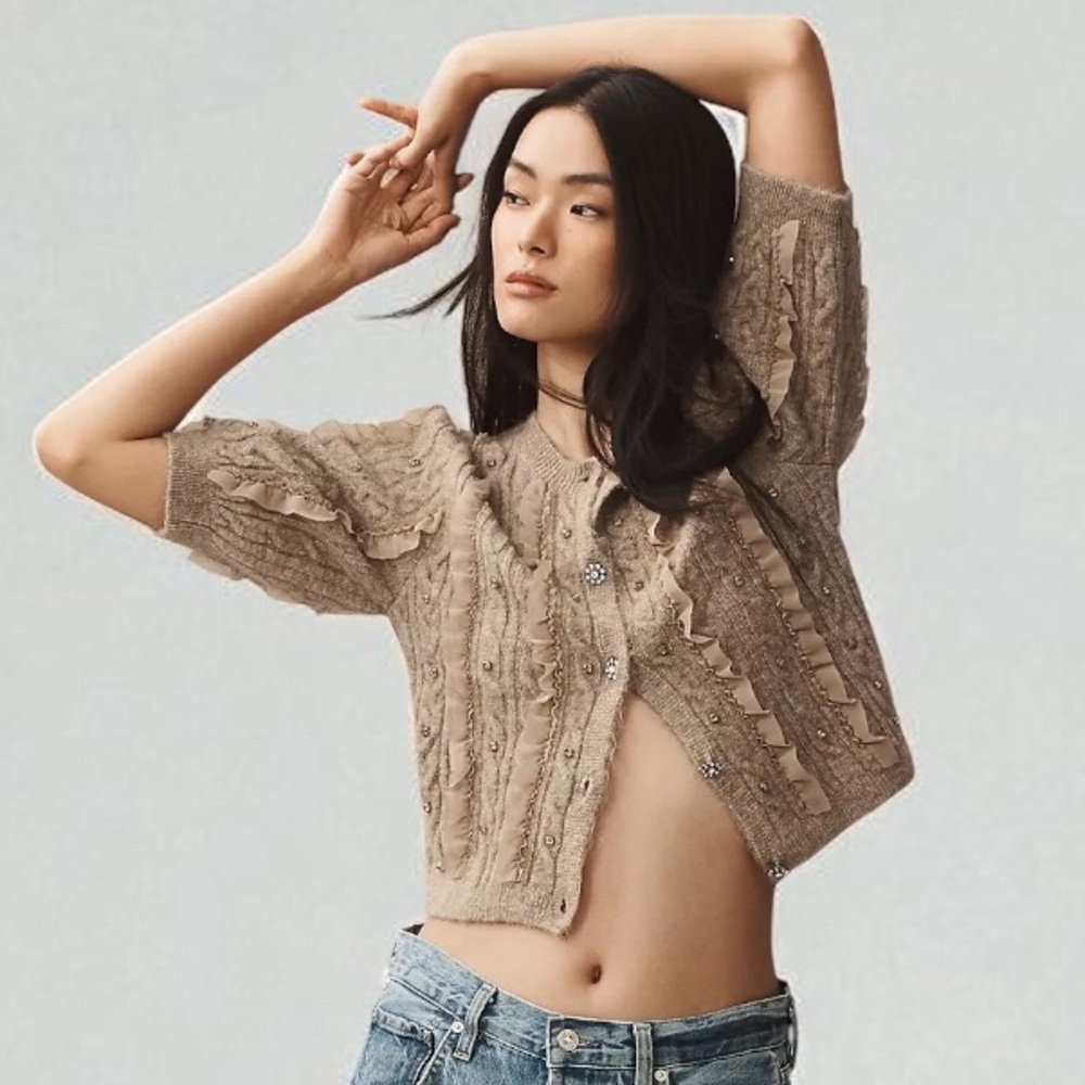 NWT MAEVE (S) Short-Sleeve Embellished Ruffled Cardigan Sweater Taupe Stretch - Picture 7 of 14
